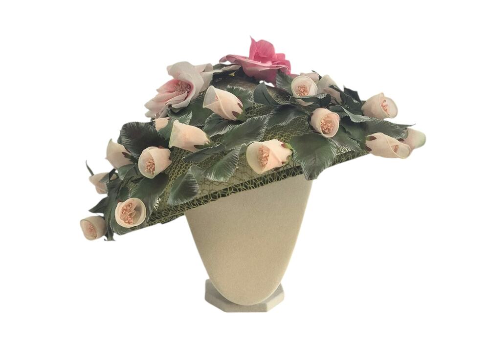 Vintage Hat by Mr Milton 1950's Floral Veiled Green Pink Flowers French Room